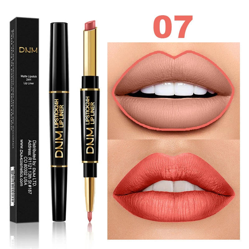 DNM 12 Colors Matte Lipstick Lip Liner 2 in 1 Lasting Makeup Double Head Lipliner Lip Stain Durable Waterproof Lip Cosmetic Tool